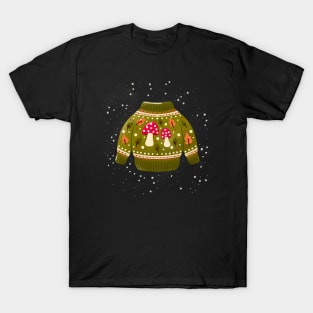 Christmas holiday sweater with cute mushrooms and leaves. Colorful winter festive illustration. T-Shirt